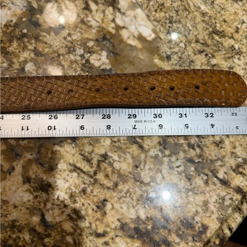 Vintage Brown Leather Basketweave Belt with Embossed Buckle Mens 29